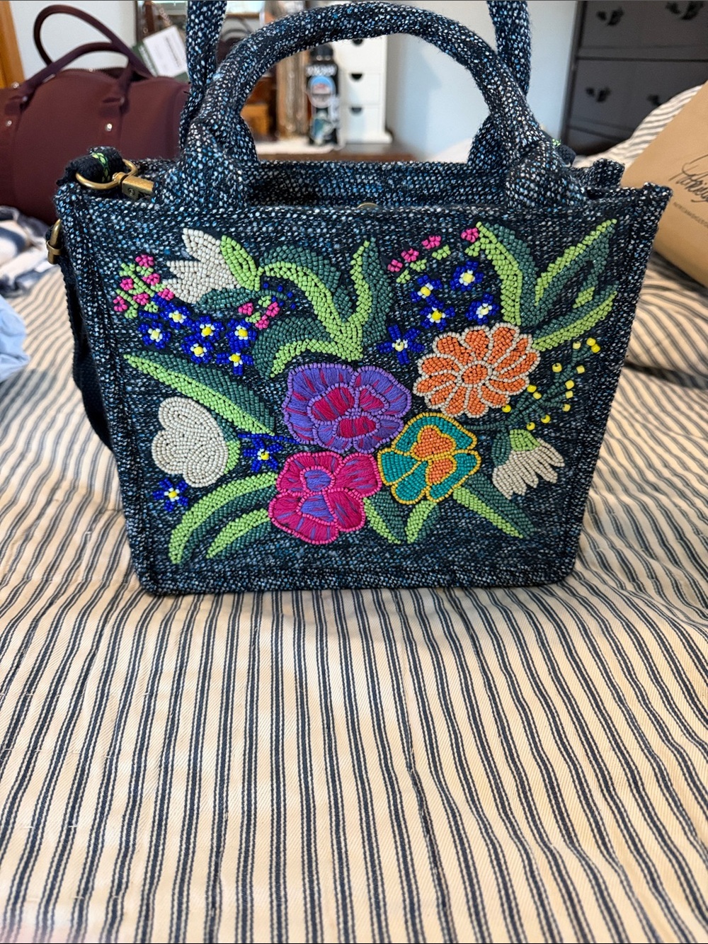Embroidered Floral Beaded Tote Bag in Navy